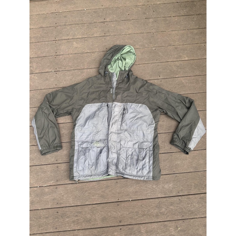 Burton Jacket Mens XL Gray Green Hooded Ski Snowboard Full Zip Winter Outdoor